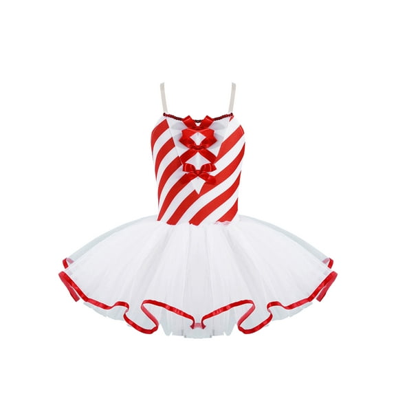 inhzoy Kids Girls Christmas Dance Costume Candy Cane Ballet Figure Skating Dance Dress Miss Santa Tutu Dress 4-16 Red 10