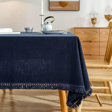 

Linen Tablecloth Patchwork Tassel Rectangular Decorative Natural Tablecloth for Kitchen Dining Wedding Buffet 55 x 70 Inch Navy