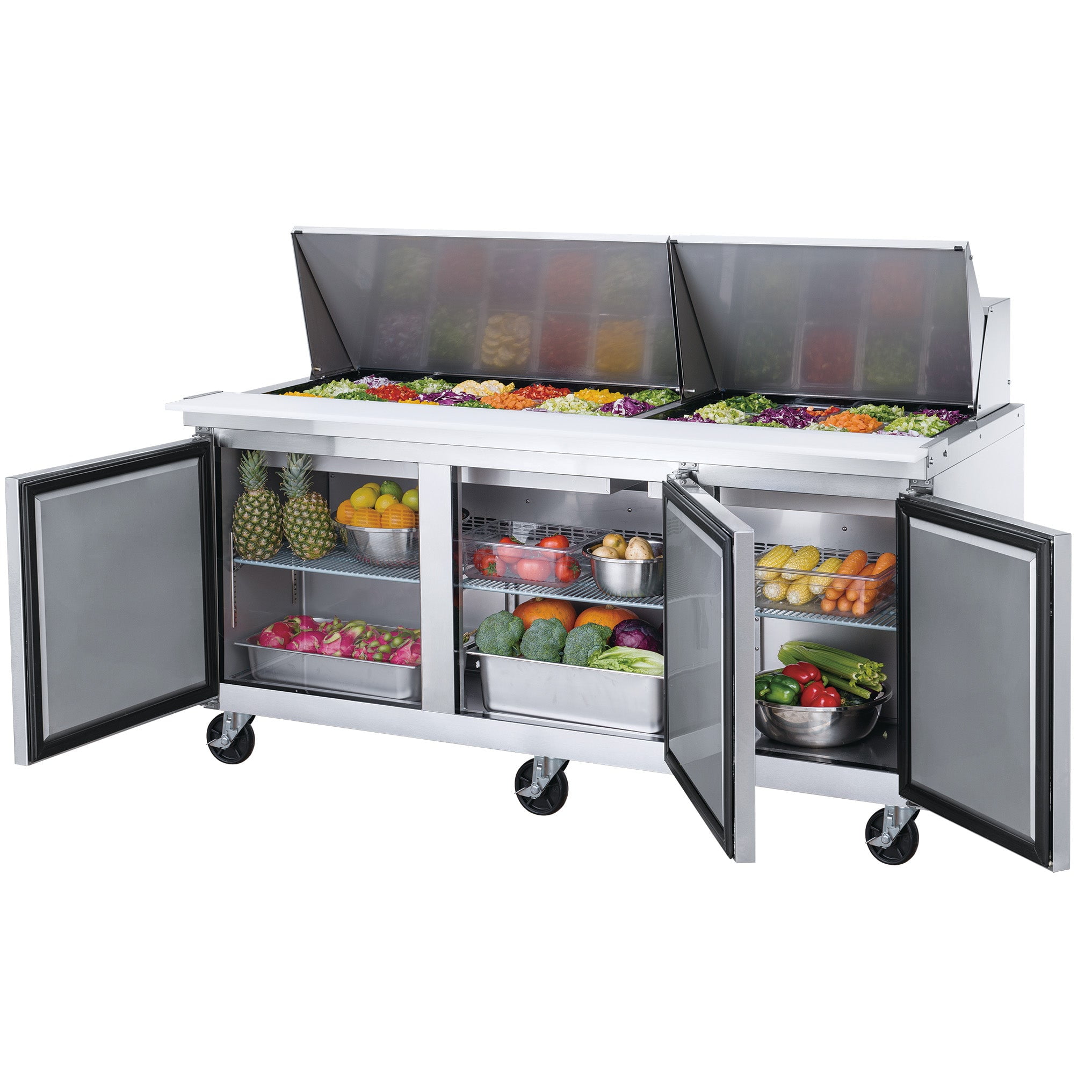 72 in. Three Door Commercial Food Prep Table Mega Top Refrigerator in Stainless Steel 17.58 cu. ft.