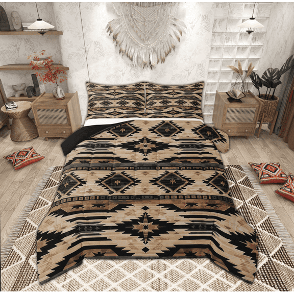 Manfei Hippie Aztec Bedding Full Comforter Set, Pale Brown Down Comforter, Bohomian Western Reversible Duvet Insert, Microfiber Room Decoration, 3 Pieces