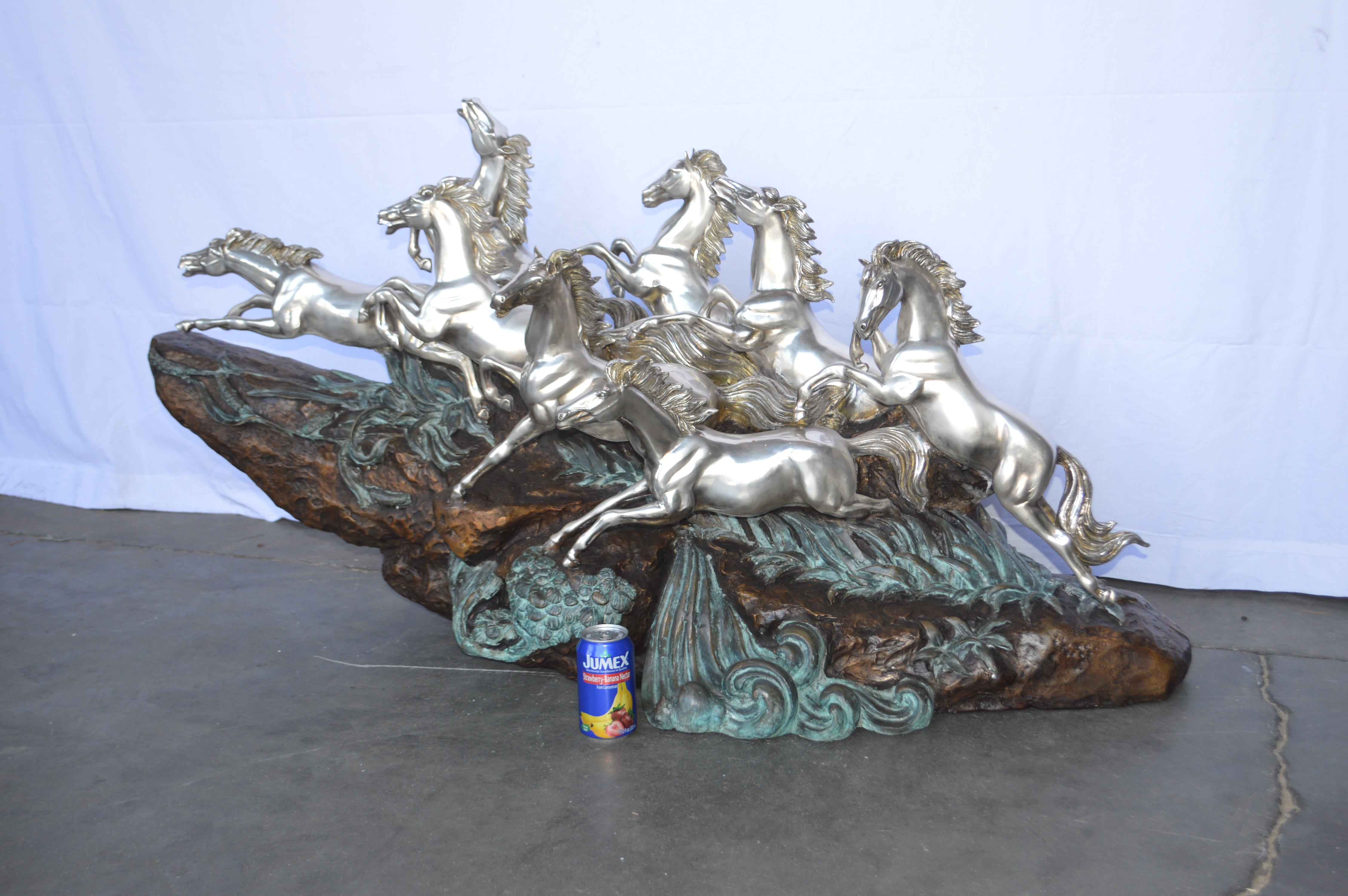 Nifao Eight Horses Running Bronze Statue Silver Finish – Garden Outdoor Decor Sculpture, 59"L x 20"W x 28"H
