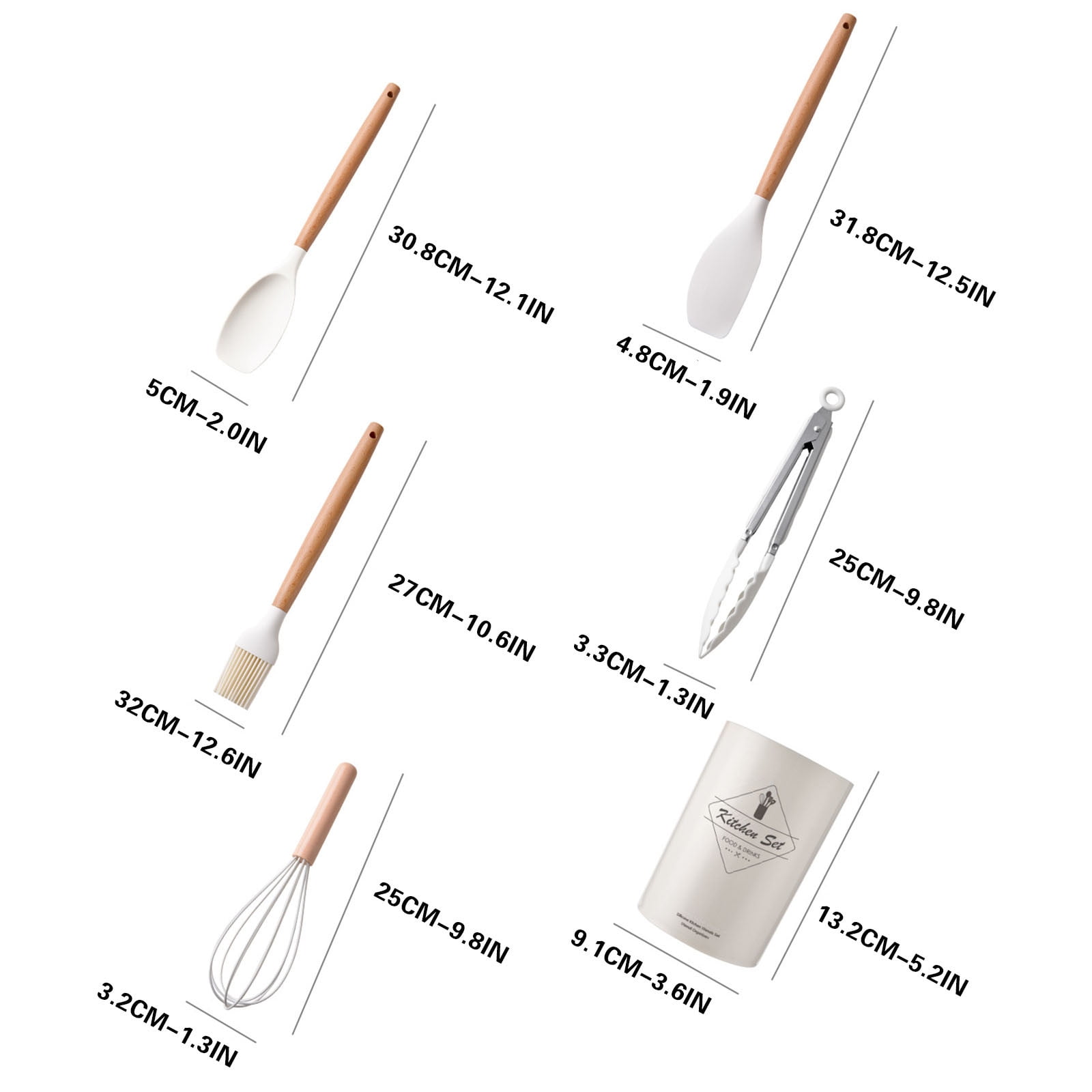 COFEST Kitchen Utensils & Gadgets,Wooden Handle Silicone Kitchenware Set 12 Piece Round Barrel Set Non Stick Pot Cooking Spoon Kitchen Tools Gray A