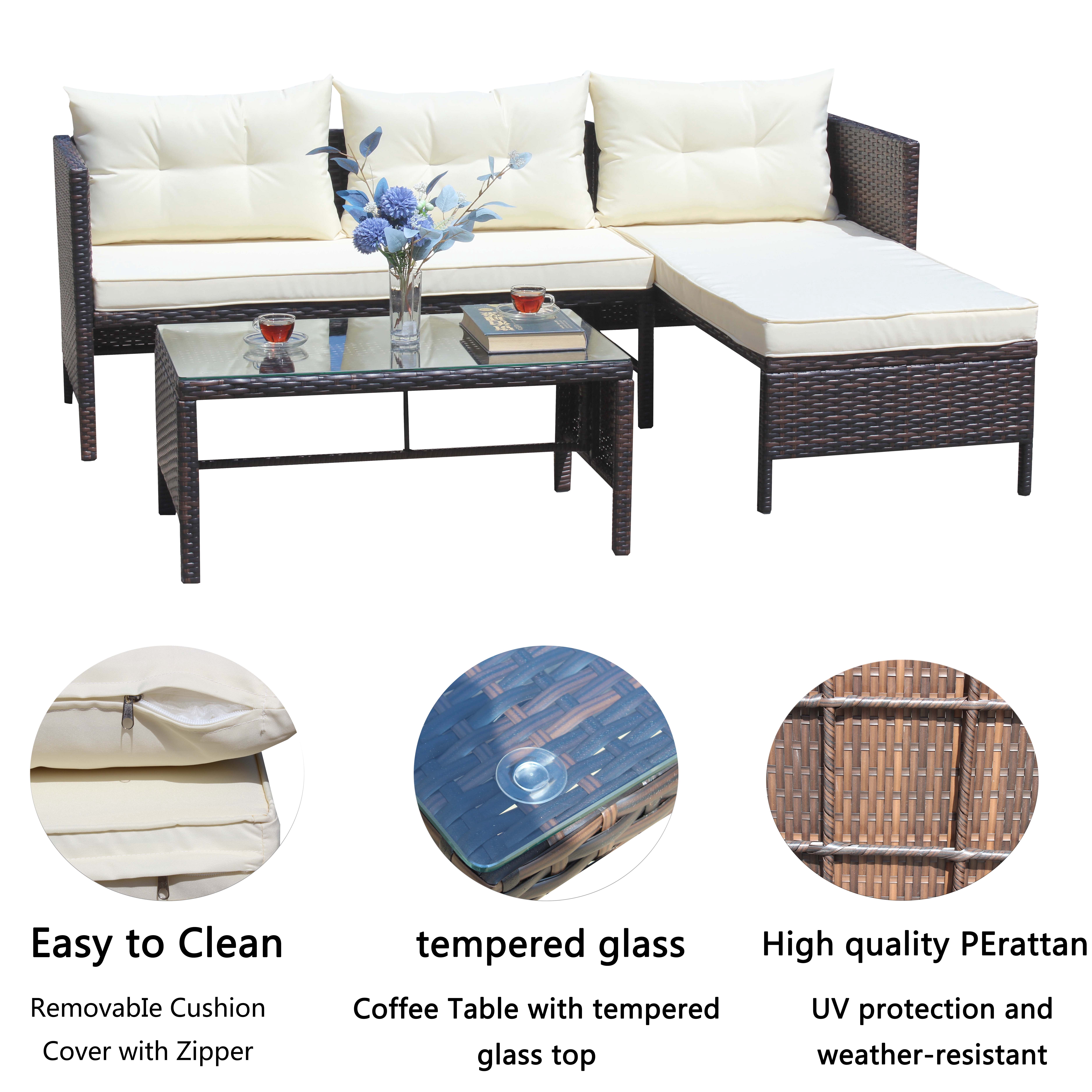 Outdoor Patio Furniture Sets 3 Piece Conversation Set wicker Ratten Sectional Sofa With Seat Cushions (Beige Cushion)
