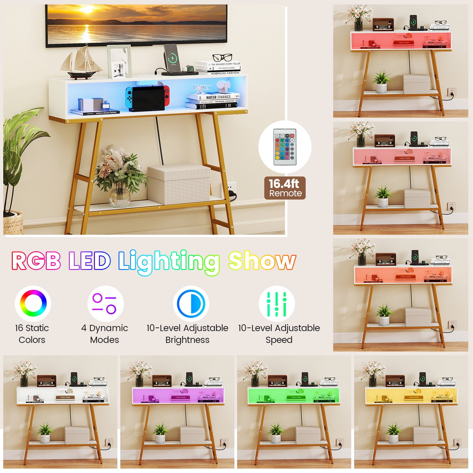 Gymax 40'' Console Table w/ Power Strip 3-Tier Entryway Table w/ RGB LED Lights White