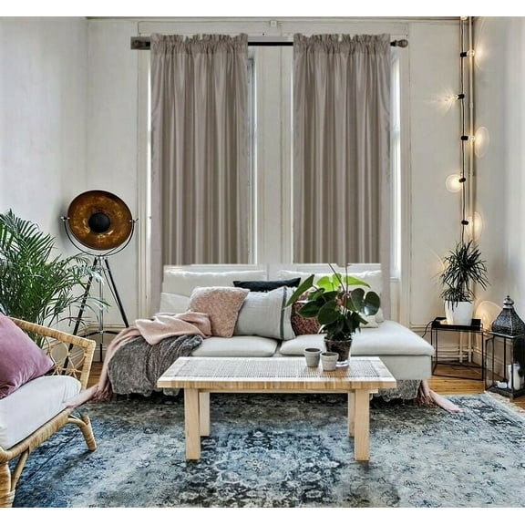 2 piece MR2 Semisheer faux silk solid window treatment curtain panel with rod pocket solid plain taupe color for bedroom living room 55"x 84"