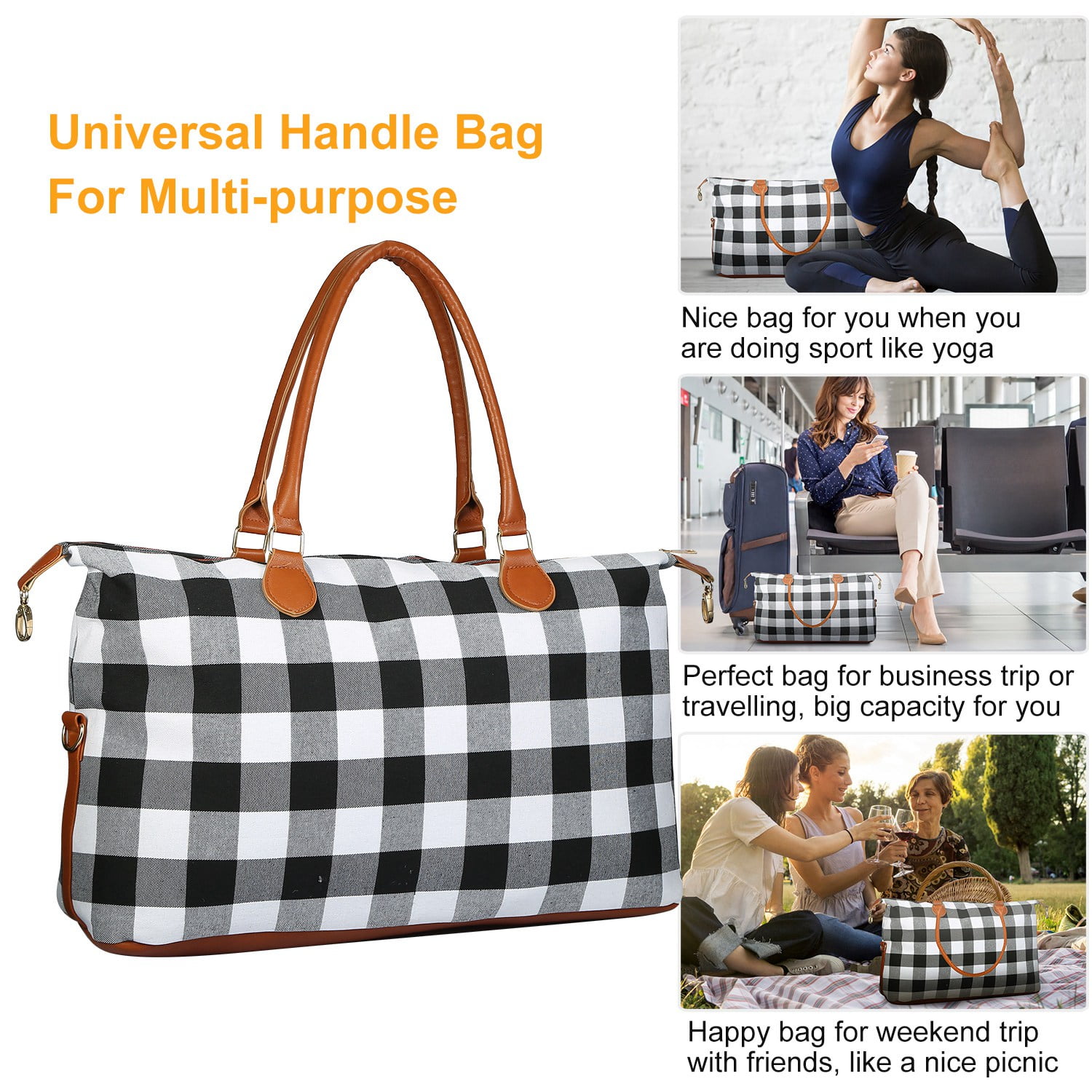 Moclever Women Duffle Bag Weekend Overnight Bag Tote Bags Portable Diaper Bag Outdoor, White Plaid