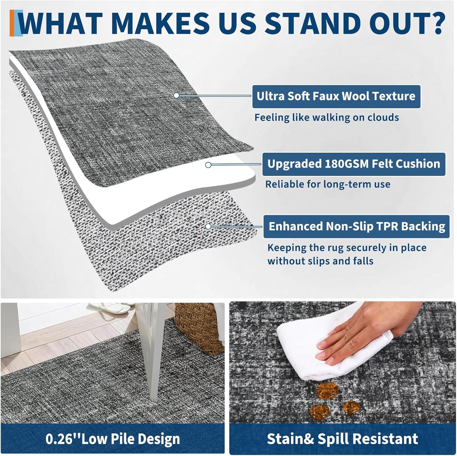 Memoryfield 10' x 13' Washable Area Rug, Stain-Resistant Low Pile Non Slip Carpet, Floor Mat for Living Room Bedroom Home Office, Dark Gray