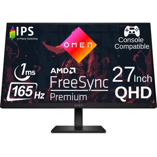 HP OMEN 27q 27 inch QHD Gaming Monitor 165Hz IPS 1ms AMD Freesync Premium Console Compatible DisplayPort Dual HDMI VESA Mountable for Laptop Computer PS5 Xbox Desk Setup, Black (Renewed)