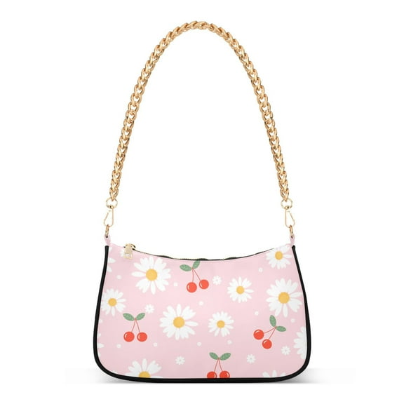 Womens Chain Shoulder Bag Cherry Pink and Daisy Flower Classic Tote Handbags Fashion Clutch Hobo Purse with Zipper for Travel Casual