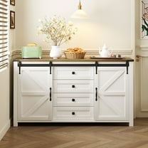 Aukfa 55.1" Farmhouse Sideboard Buffet TV Cabinet w/Sliding Barn Doors & Power Outlet for Kitchen Dining Room,White