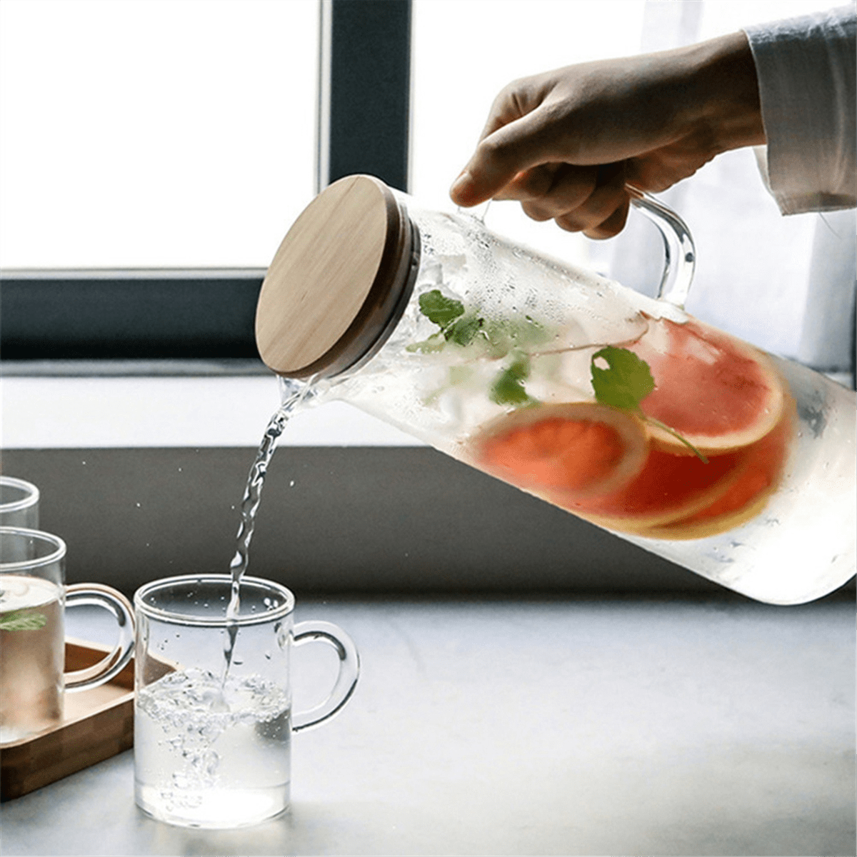 2X 1.7L Glass Water Pitcher with Handle Bamboo Lid Heat Cold Hot Kettle Capacity Tea Pitcher Water Juice Jug
