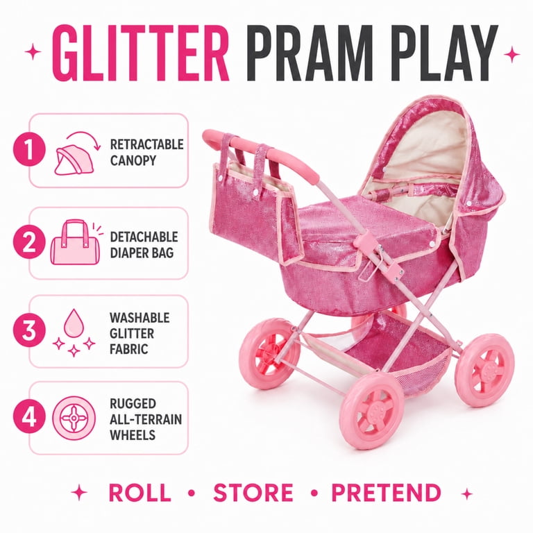 Olivia's Little World Glitter Pink Baby Doll Pram photo 3