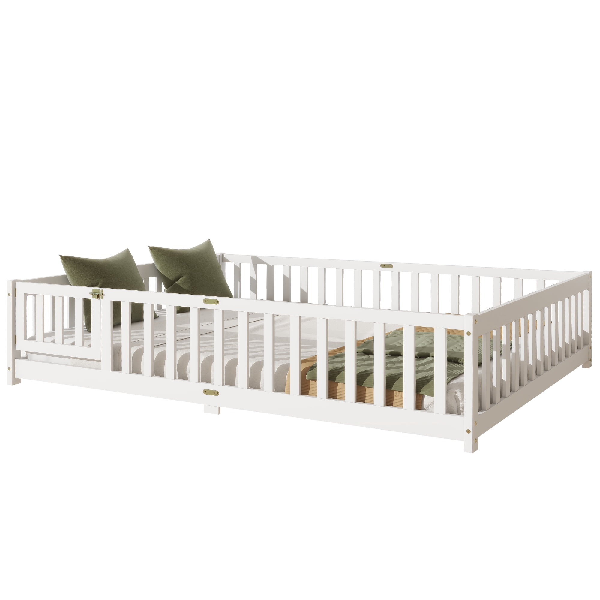 Leumius Queen Size Floor Bed with Fence and Door, Montessori Floor Bed with Safety Guardrails for Boys Girls White