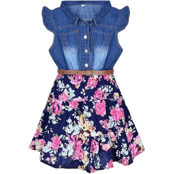 TIREOW Girls Lapel Sleeveless Denim Dress Summer Flower Printed Sundress Cute Dresses Princess Dresses Party Dresses