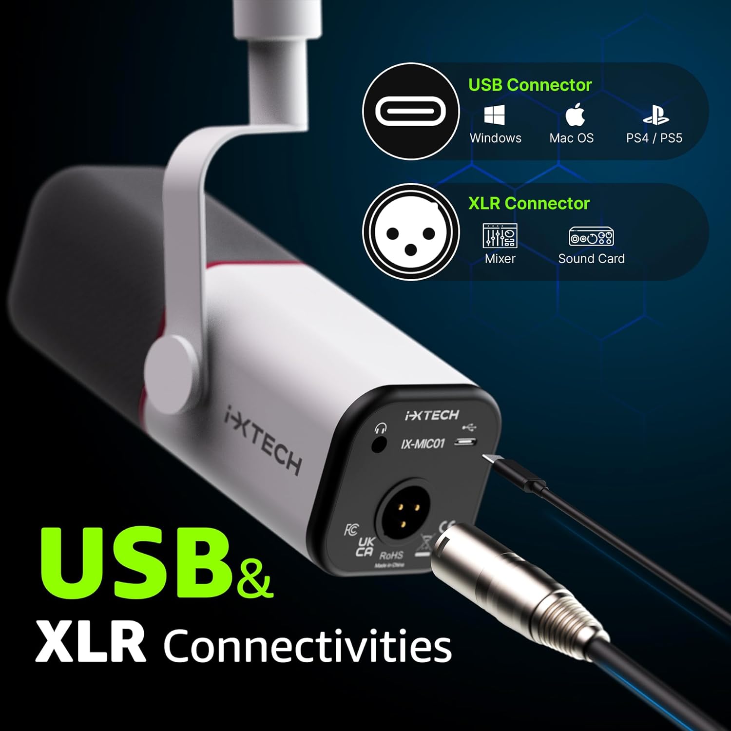 IXTECH Cardioid Dynamic Microphone with Mic Cover, Vocal USB XLR Microphone for Podcasting, Streaming, Recording, Gaming and Voice-Over (White)…