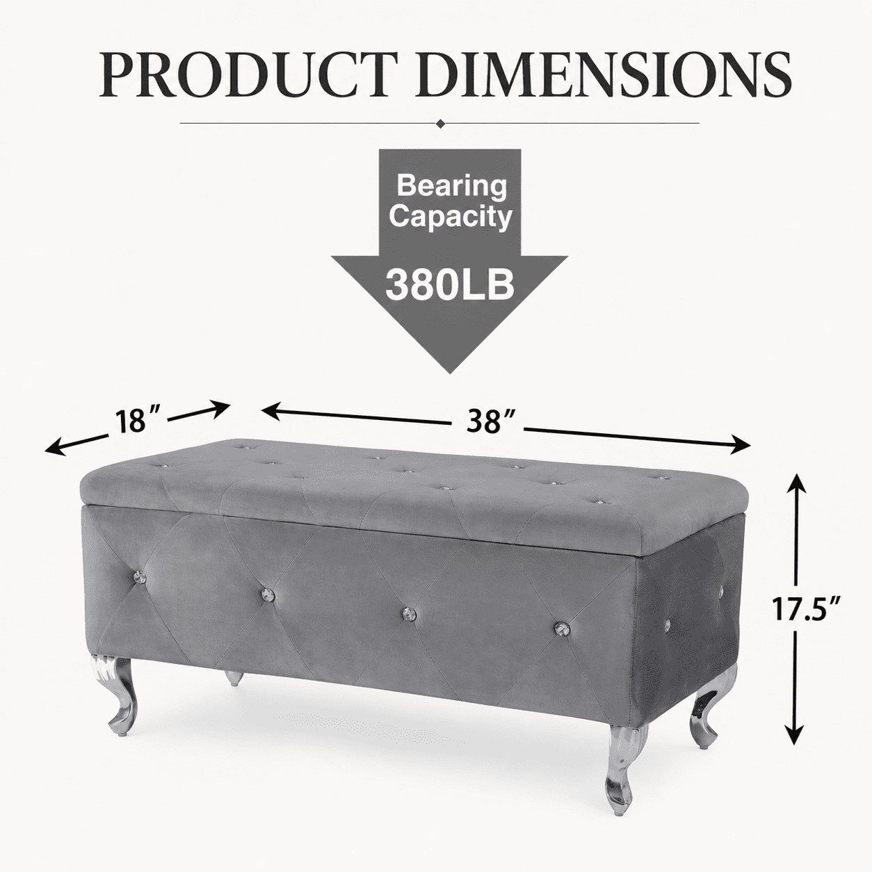 Aukfa 38" Upholstered Storage Ottoman Bench with Hidden Storage, Crystal Tufted Velvet Bed Bench, 380 lb, Gray