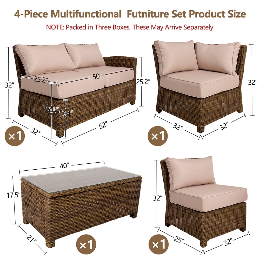 Kadyn 4-Piece Rattan Sectional Sofa Sets, Outdoor Patio Furniture Set with Loveseat, One-seat chair, Corner Chair, Glass Table, PE Rattan Patio Conversation Furniture Sets for Garden, Khaki Kadyn 4-Piece Rattan Sectional Sofa Sets, Outdoor Patio Furniture Set with Loveseat, One-seat chair, Corner Chair, Glass Table, PE Rattan Patio Conversation Furniture Sets for Garden, Khaki