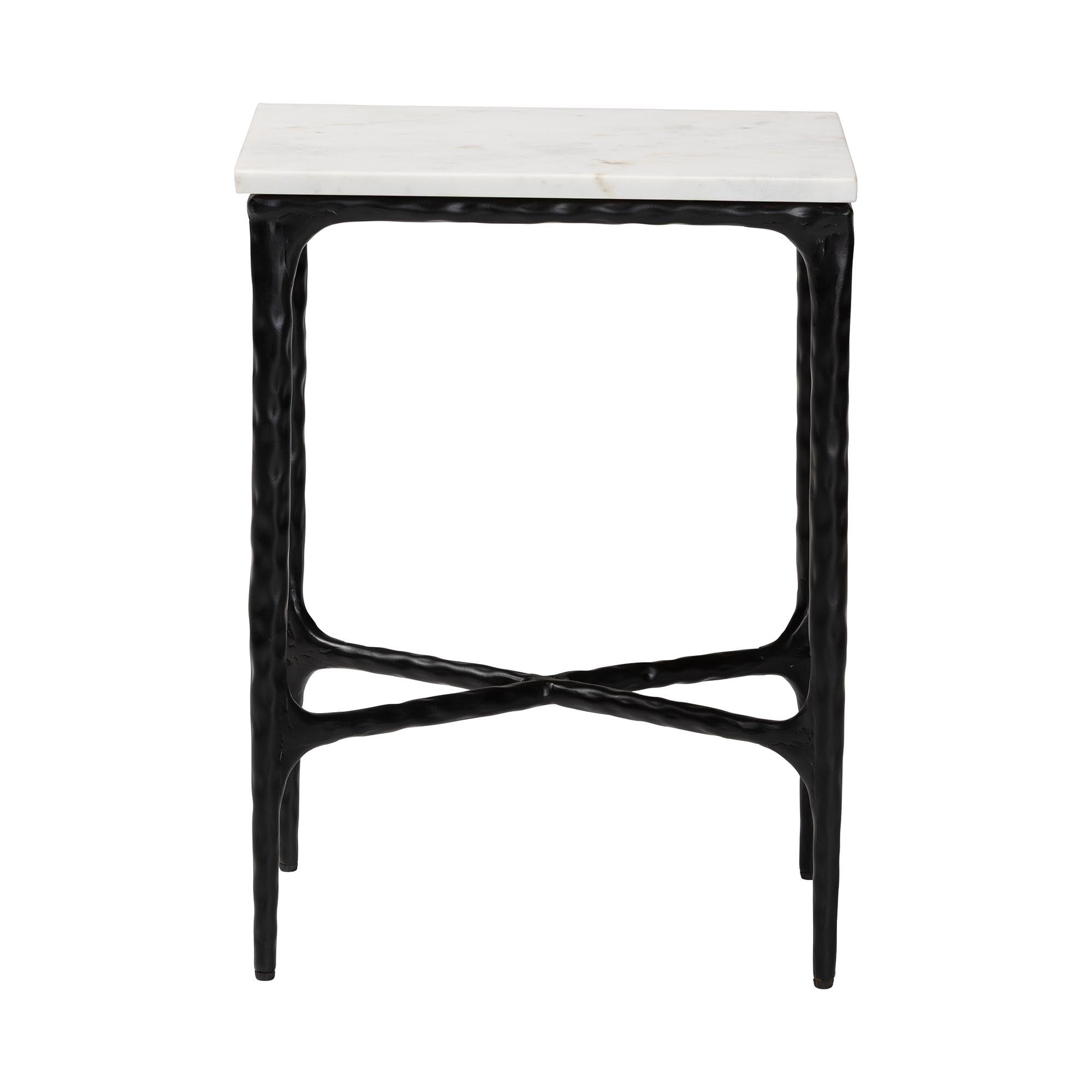 Baxton Studio Akanji Marble End Table - Modern Rustic Accent Table with Hand-Forged Metal Frame for Living Room or Seating Areas, Rectangle
