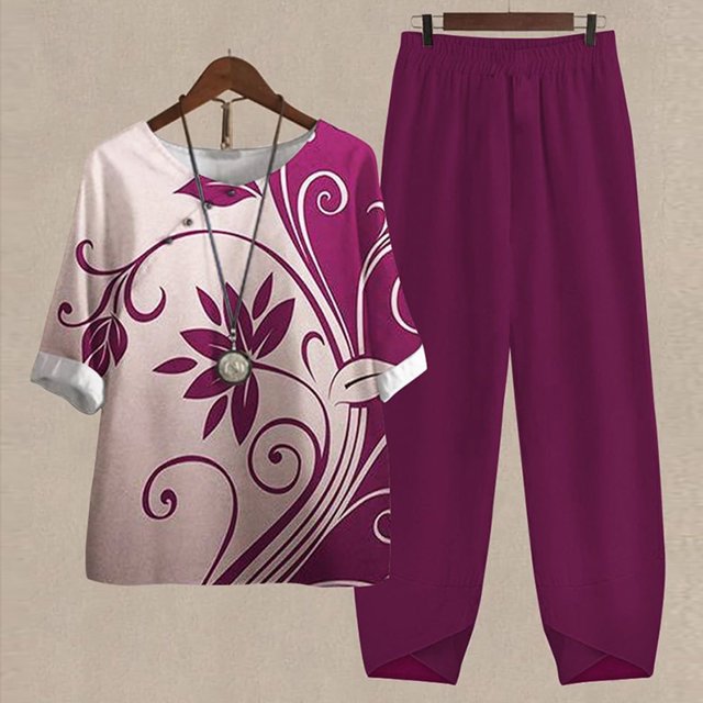 Ladies Five Sleeve Printed Blouse Pants Two Piece Suit, Purple 3Xl
