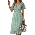 thumbnail image 2 of Vestido largo con volantes y manga corta para mujer - Escote en V profundo con estampado floral, cintura elástica, estilo boho veraniego, 2 of 7