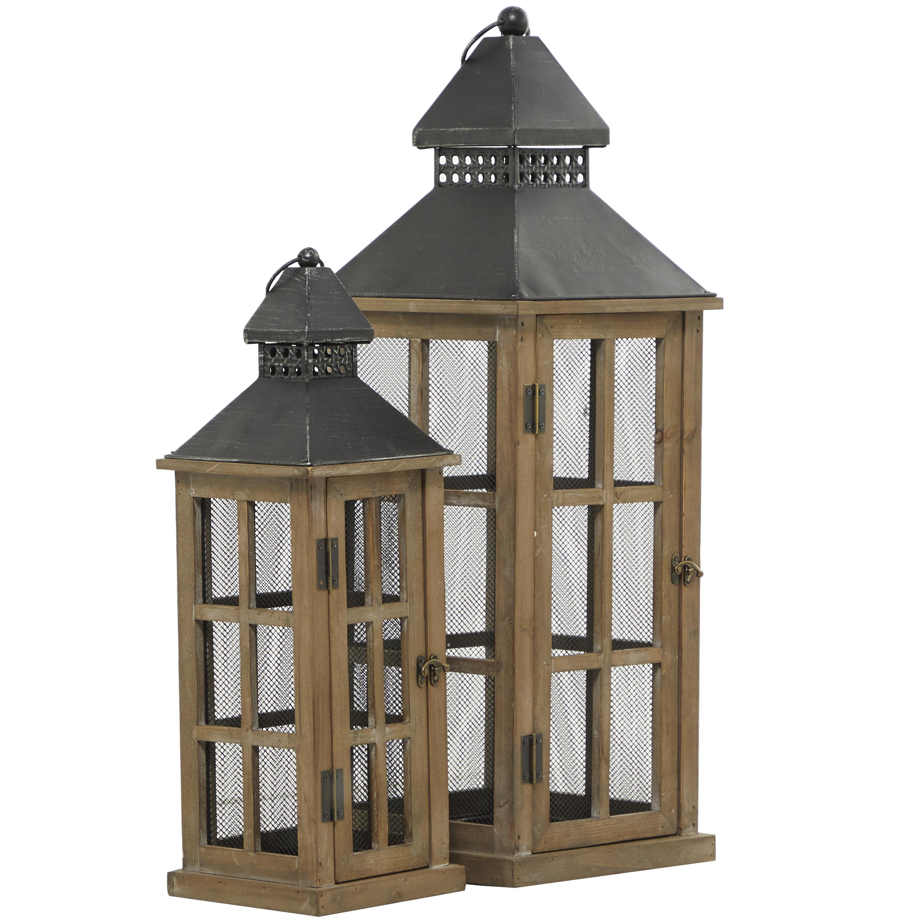 DecMode 2 Holder Brown Wood Lighthouse Style Decorative Candle Lantern, Set of 2