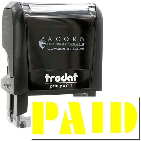 Self-Inking Bold Paid Stamp, Trodat Printy 4911, Press and Print Stamping, Impression Size 5/8" x 1-1/2", Up to 10,000 Impressions - Yellow Ink