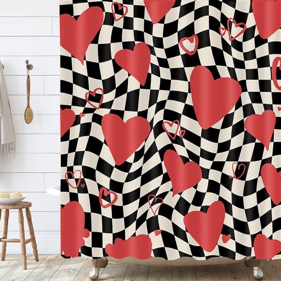 Retro Trippy Groovy Wavy Swirl Checkered Bath Curtains,Valentine''s Day Shower Curtains,Red Love Shower Curtain,Black and White Check Abstract Aesthetics Shower Curtain with Hooks 72X72in