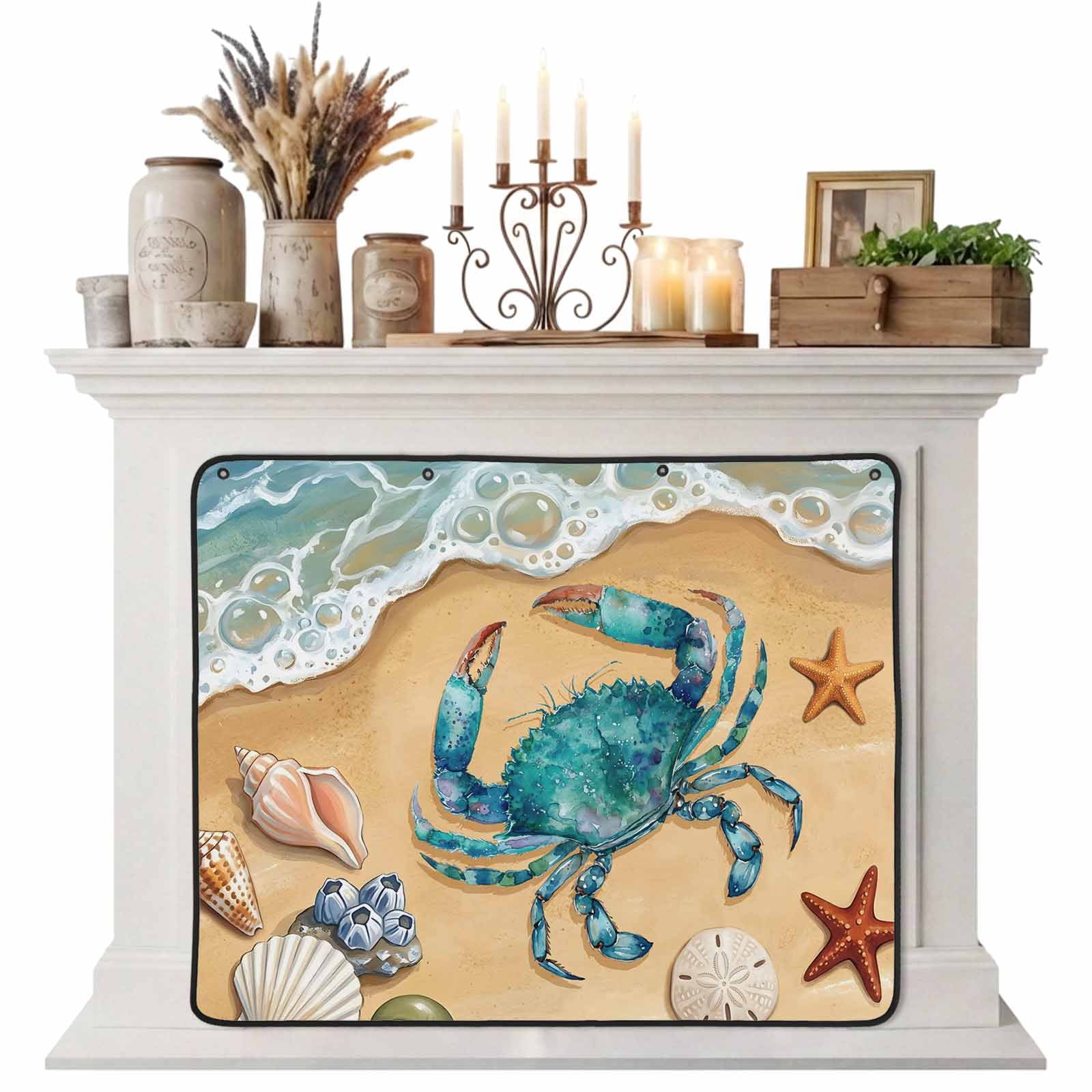 Magnetic Fireplace Cover Coastal Teal Crab Fireplace Screen Starfish Shell Sandy Beach Insulation Fireplace Blocker Blanket Save Energy Fireplace Draft Stopper Covers for Living Room 39x32