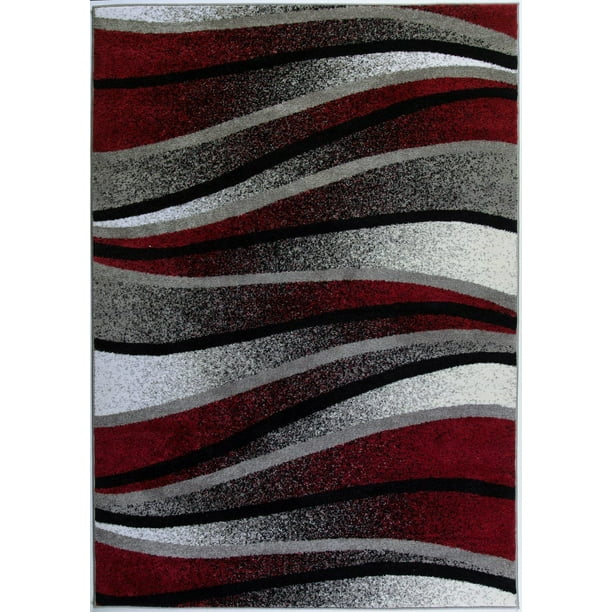 Tapis de tapis Abstrait Motif Vagues en Gris Ivoire Rouge, 4x6 (3'11" x 5'7", 120cm x 170cm)