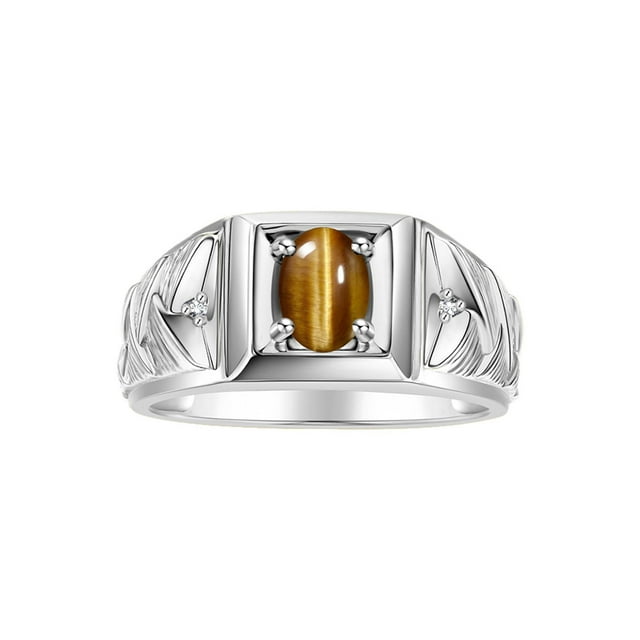 RYLOS Men's Rings Sterling Silver Rings Designer Weave Band 7X5MM Oval Gemstone & Diamond Ring Tiger Eye November Birthstone Rings For Men Size 9