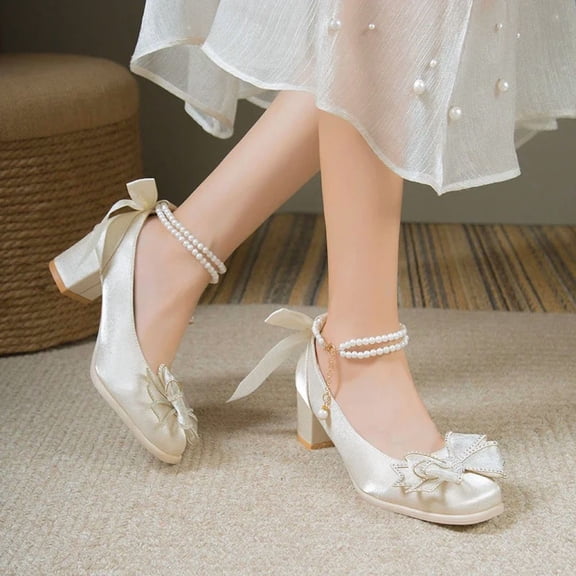 SCHUHLAND Elegant Pearl Ankle Strap Pumps, Women's Satin Square Toe High Heels for Party & Wedding, Crystal Buckle Mary Janes