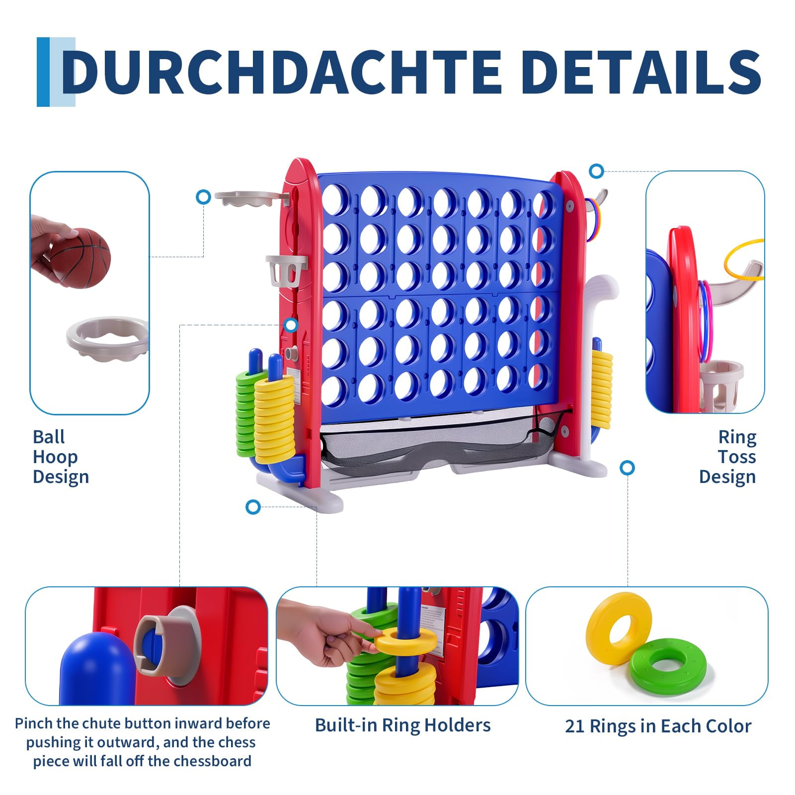 Danolapsi 4-in-1 Giant Connect Game Set – Adjustable Height, Basketball Hoop, Ring Toss and Net – Jumbo Outdoor Yard Game, Quick Release, 42pcs Rings Set,Party Family Floor Game