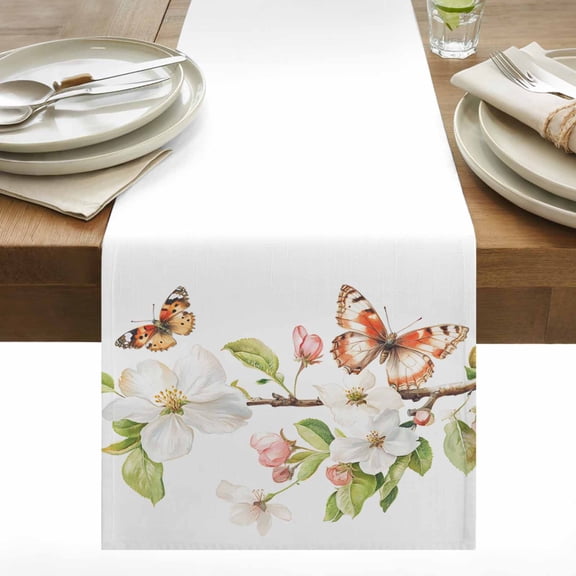 Butterfly Floral Cotton Linen Table Runner Watercolor White Pink Flower Vintage Green Plant Dining Table Runners for Home Decor Party Dining Room Restaurant Kitchen 13" x 60"