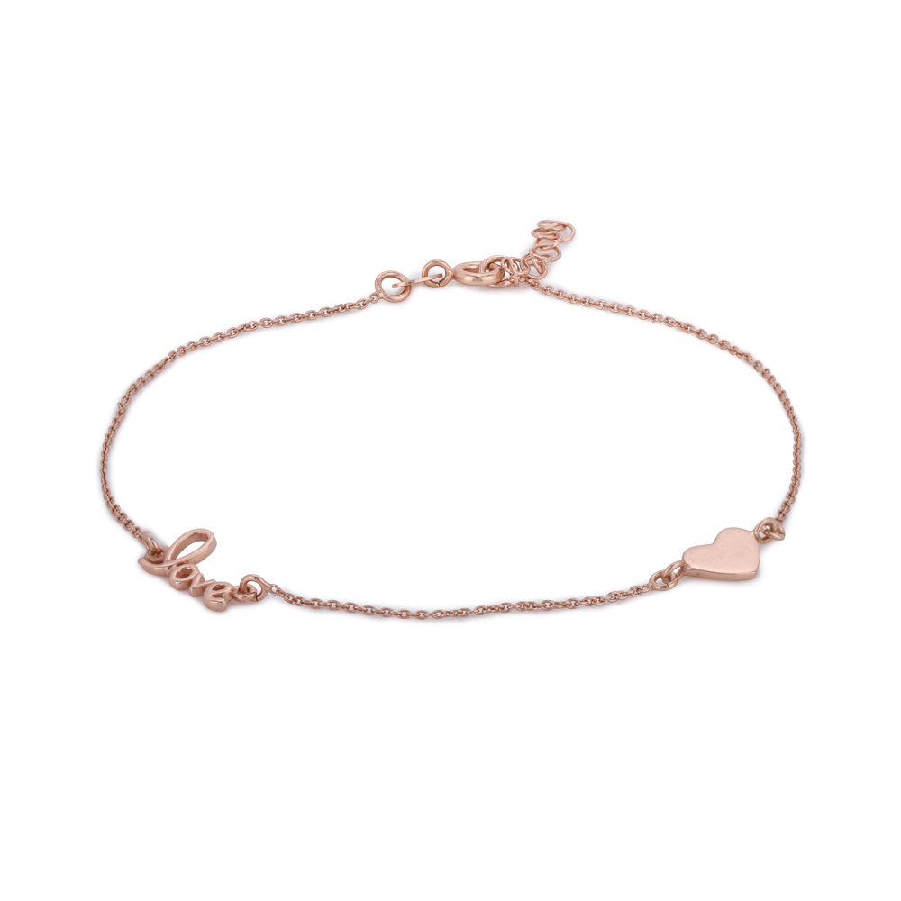Vanbelle Sterling Silver Jewelry Love and Heart Charm Anklet with Rose Gold Plating for Women