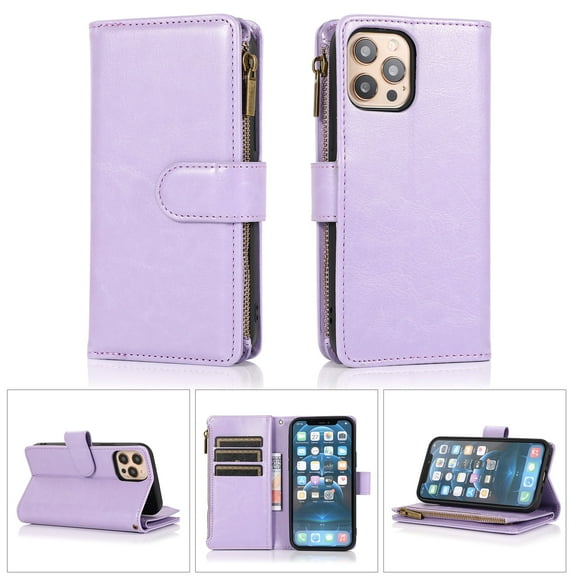 For Samsung Galaxy A25 5G Leather Zipper Wallet Case 9 Credit Card Slots Cash Money Pocket Clutch Pouch with Stand & Strap Cover ,Xpm Phone Case [ Lavender ]