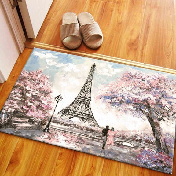 Eiffel Tower and Romantic Couple Rugs, Pink Leaves Tree Rug, Entry Rugs, Small Rug, Paris Rugs, View Rug, Non-Slip Carpet Rug, Girl Room Rug, 2'x3' - 60x90 cm