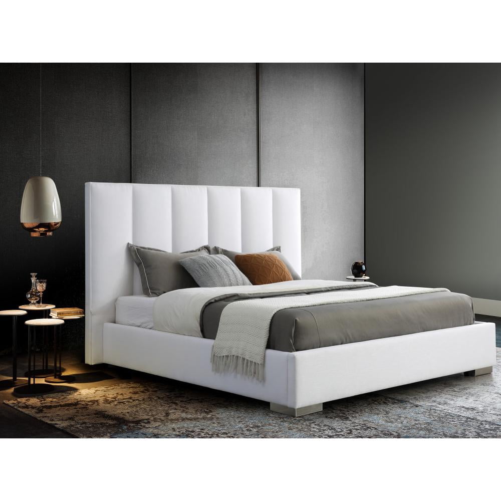 HomeRoots 55 x 72 x 87 in. Queen Size White Upholstered Channel Tufted Velvet Bed Frame