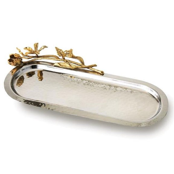 Hammered Stainless Steel with Golden Butterfly Garden Trim Oval Tray QGM22365