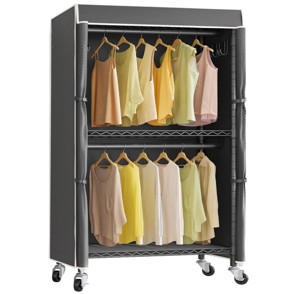 VIPEK R2C Heavy Duty Rolling Garment Rack with Cover, Portable Closets with Double Rods & Lockable Wheels, Covered Clothing Rack for Hanging Clothes, Black Rack with Black Upgraded Polyester Cover