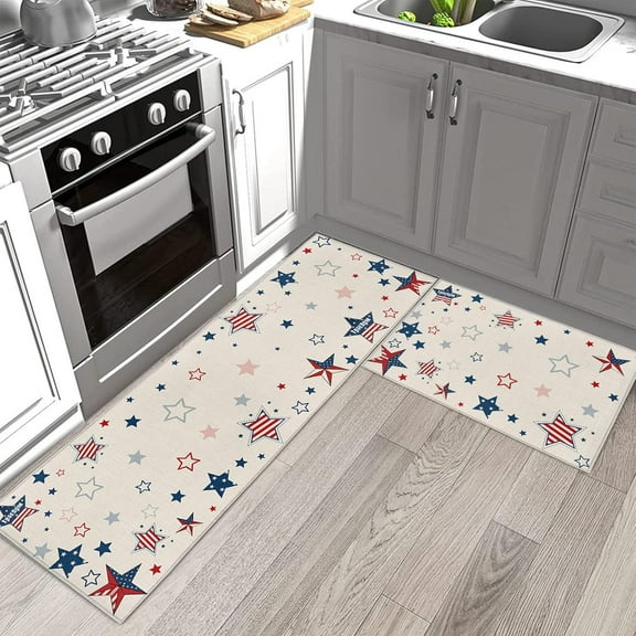 Independence Day Kitchen Rugs and Mats Set of 2, Patriotic American Flag Stars Stripes Non-Slip Floor Doormat Comfort Area Runner Rug and Mat, Rustic Cotton Linen Indoor Entrance Carpet Home Decor