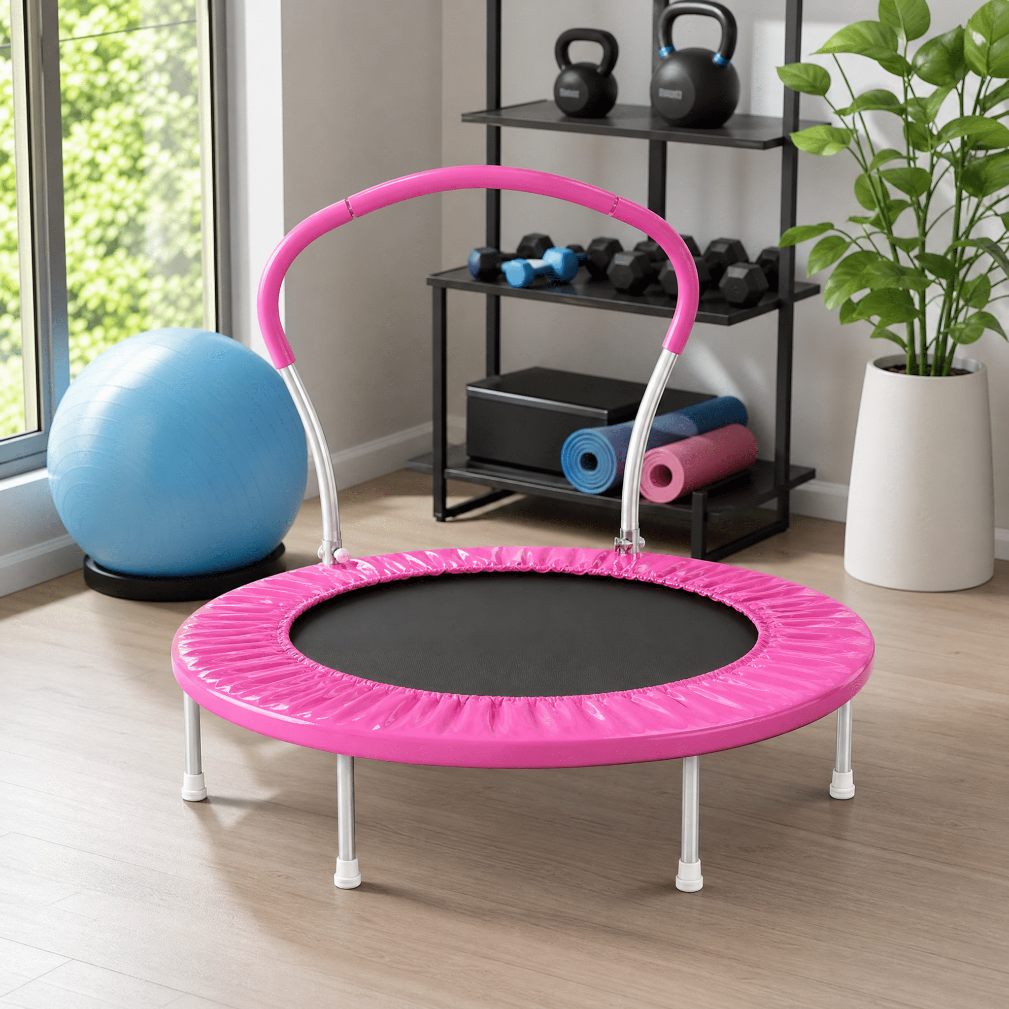 36 Inch Mini Trampoline with Handle, Metal Frame Kids Trampoline with Foam Padding, 6-Leg Stable Structure, 220 lbs Weight Capacity for Indoor Outdoor Use