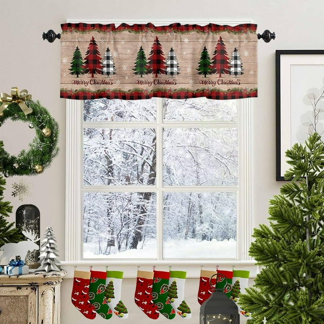 Window Curtains Valance Rod Pocket Curtain Drapery for Living Room Kitchen Bathroom, Merry Christmas Tree, Soft&Washable Small Window Treatment Valances, Wood Grain Bottom, 1 Panel, 54x18inch