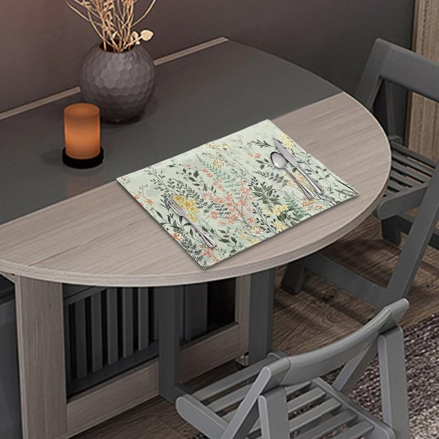 4 PCS Washable Tablemats for Home Farmhouse, Easy to Clean Foldable Heat Resistant linen Weave Rectangle Table Mats for Home Ornaments, Flower Leaf Green