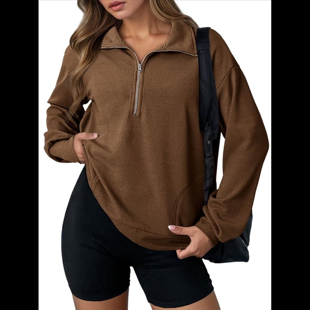 Sudadera Ligera y Suave de Larga con Solapa y Media Cremallera para Mujer, Estilo Informal, Holgada y con Cuello de . Café XXL