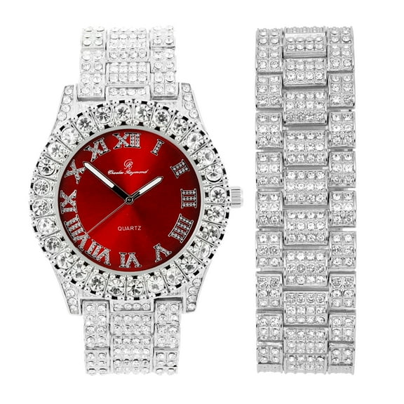 Charles Raymond Mens Silver Big Rocks with Roman Numerals Fully Iced Out Colorful Dial Watch w/Bling'ed Out Cuban Shiny Silver Bracelet - ST10327 RN Cuban (ST10327 Red SLV Match-B)