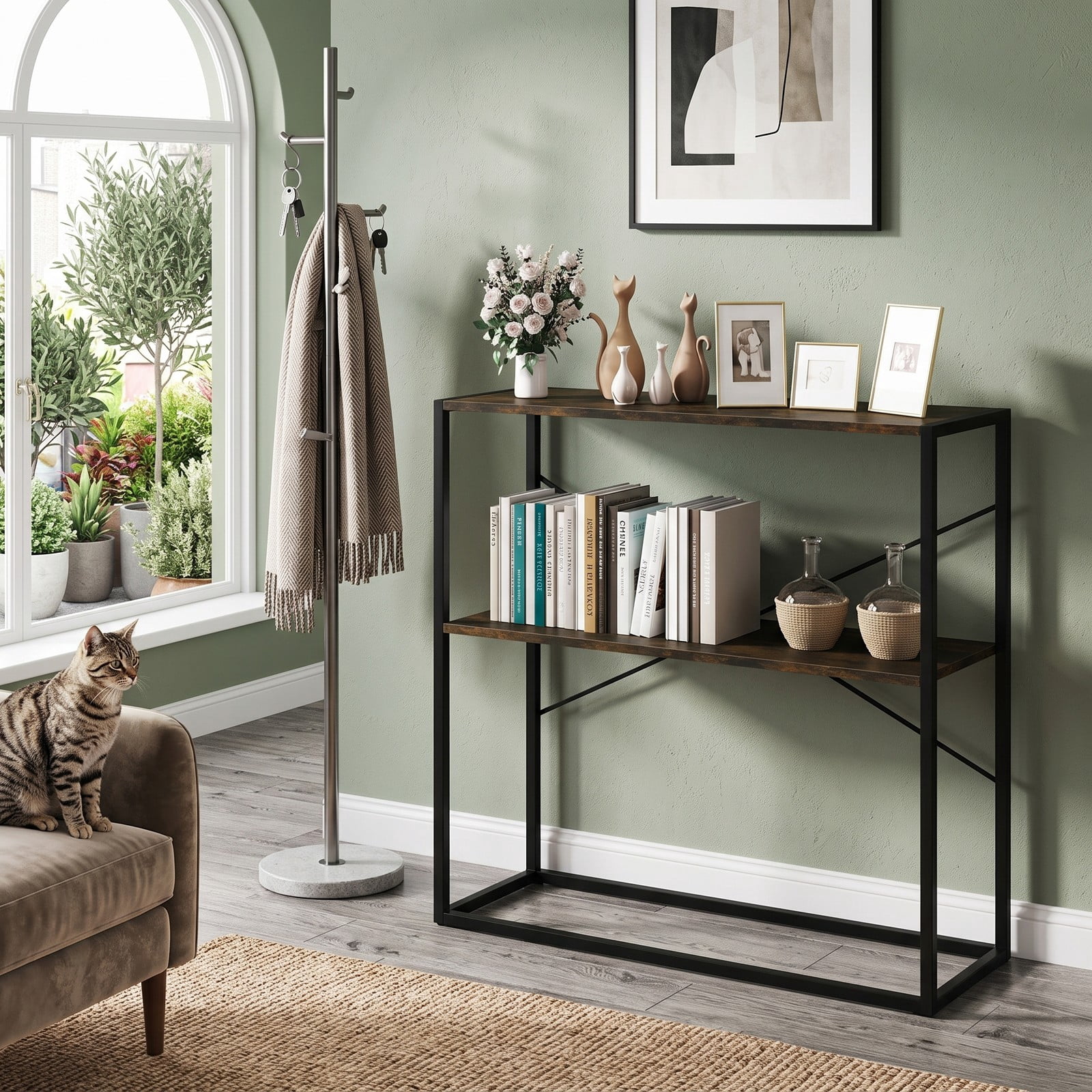 Furnibear 36 Inch Console Table 2-Tier Entryway Table with Wooden Open Shelves and Metal Frame for Hallway, Rustic Brown