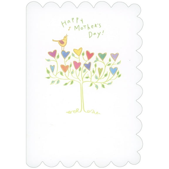 RSVP Yellow Bird Singing in Tree with Heart Leaves Scalloped Border Mother's Day Card