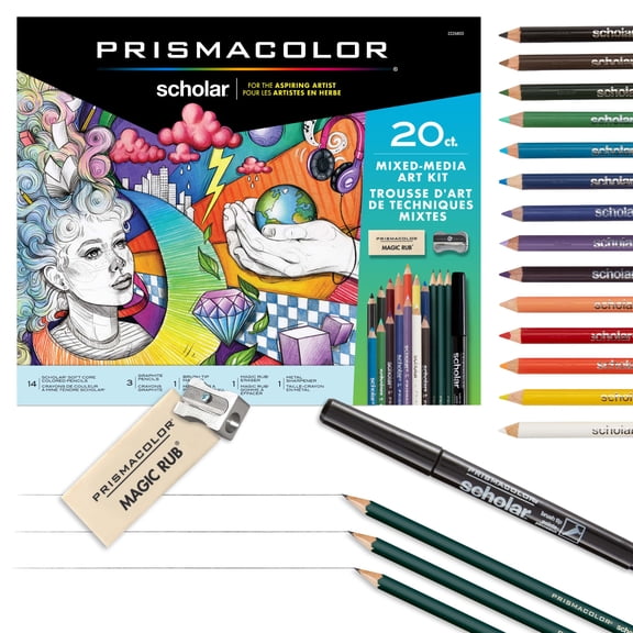 Prismacolor Scholar Mixed Media Art Supplies Set, Including Colored Pencils, 20 Count