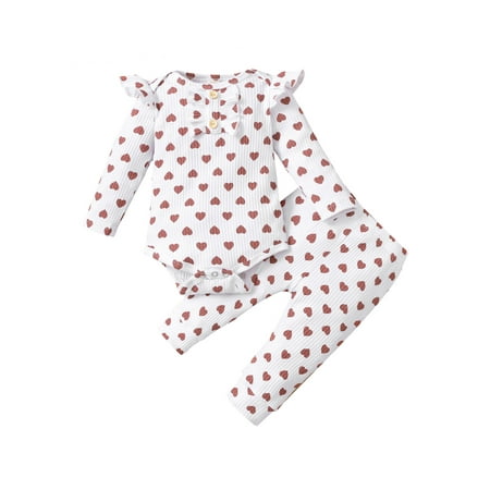 

Bowanadacles Baby Girls Outfits Heart Print Ribbed Ruffled Romper and Elastic Waist Pants