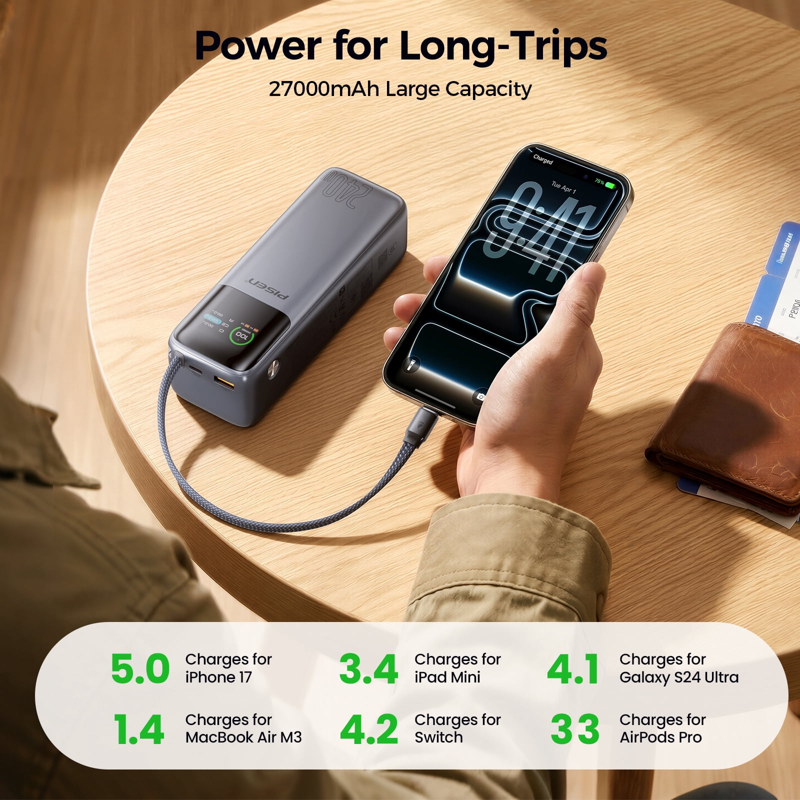 PISEN 3C Certified Power Bank, 27000mAh 240W Power Bank with Built in Cable, Travel Battery Pack Portable 3C Charger with LED Display, Portable Charger with Built in Cable for iPhone, Samsung and mor
